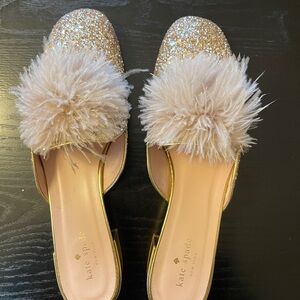 Kate Spade Gold Glitter Mules with Cream Pom Poms